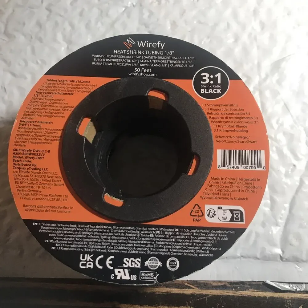 Wirefy Heat Shrink Tubing 1/8” 50 Feet Black 3:1 Shrink — New Factory Sealed